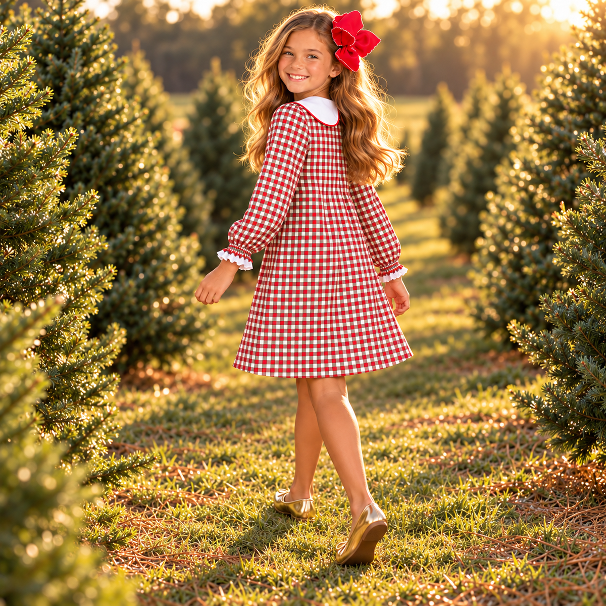 Girls Christmas Plaid Peter Pan Dress – Plaid girl at Christmas tree farm