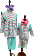 Matching sister outfits. Long sleeve striped tunic and pants wit aqua trim and ruffles for girls and coordinating baby girl romper. 