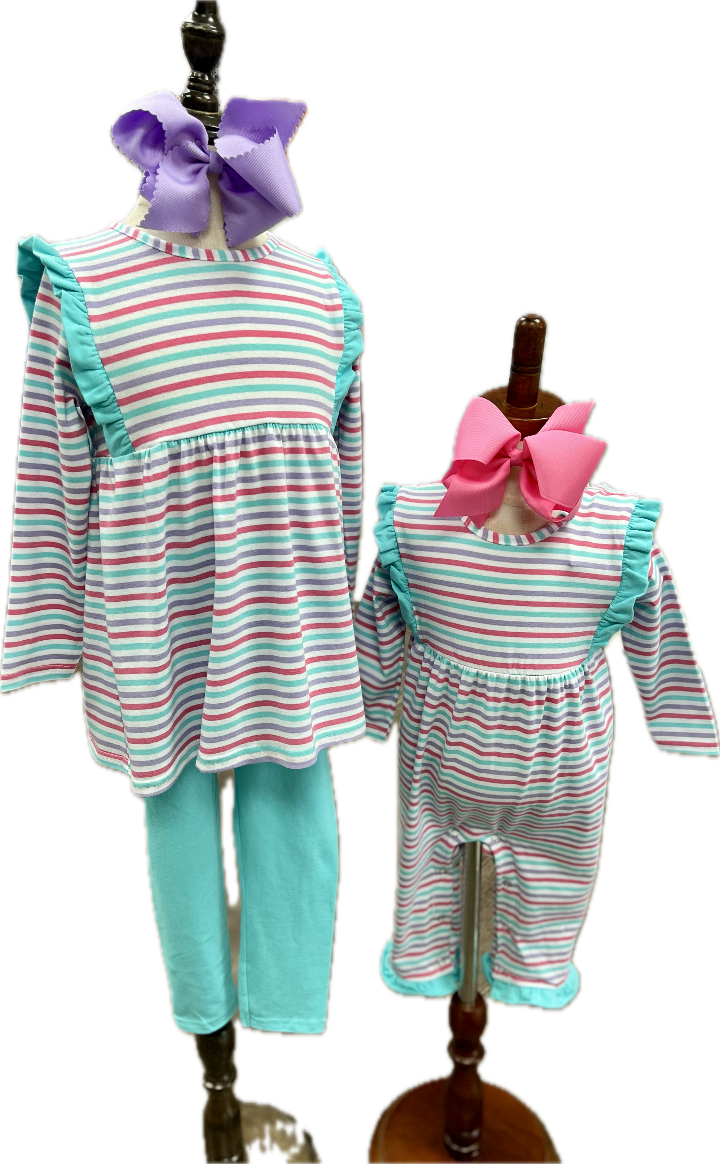 Matching sister outfits. Long sleeve striped tunic and pants wit aqua trim and ruffles for girls and coordinating baby girl romper. 