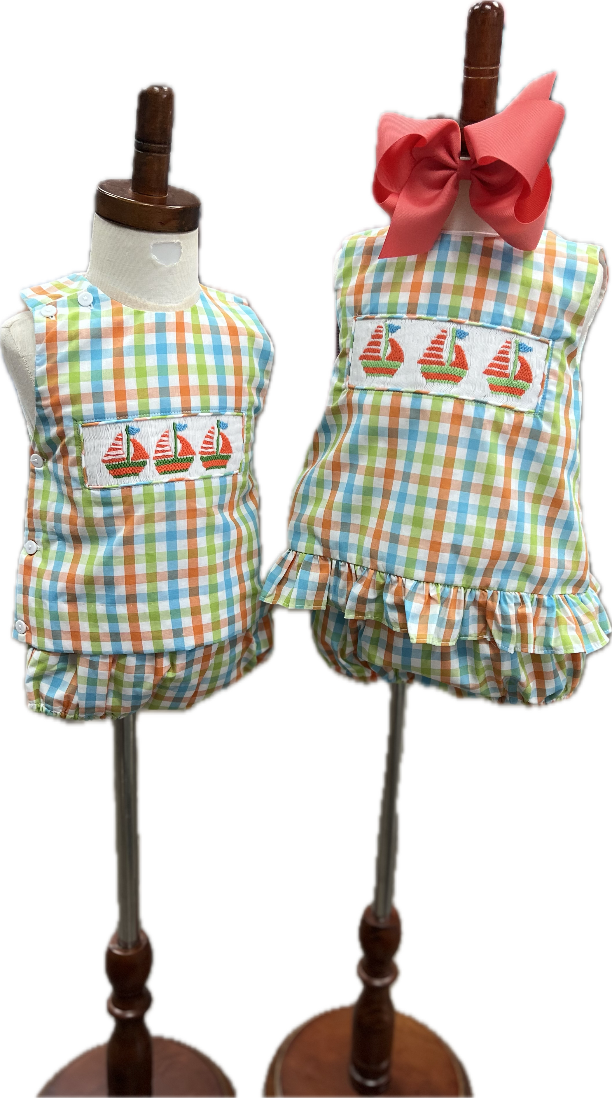 Boy & girl multicolor gingham diaper set with sailboat smocking