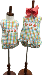 Boy & girl multicolor gingham diaper set with sailboat smocking