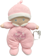Pink plush baby doll with 'my first doll' text on a white background