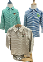 Three striped polo shirts on mannequins with a white background