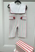 Christmas striped boy smocked romper with white bib.