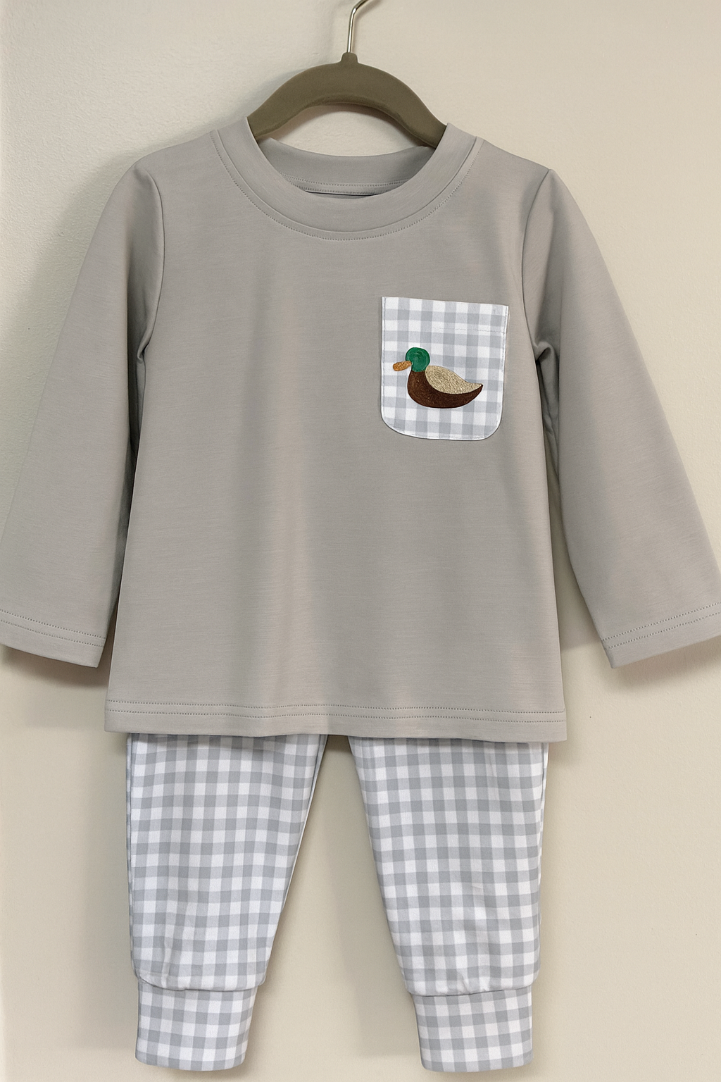 Boys Duck Dynasty Jogger Set with mallard embroidered pocket tee and gray gingham joggers, Southern Belle & Beaus boutique.