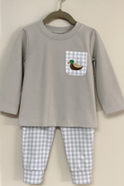 Boys Duck Dynasty Jogger Set with mallard embroidered pocket tee and gray gingham joggers, Southern Belle & Beaus boutique.