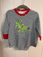 Baby boy Twas the Night Before T-Rex Bubble with striped fabric and embroidered dino wrapped in Christmas lights, Southern Belle & Beaus boutique.