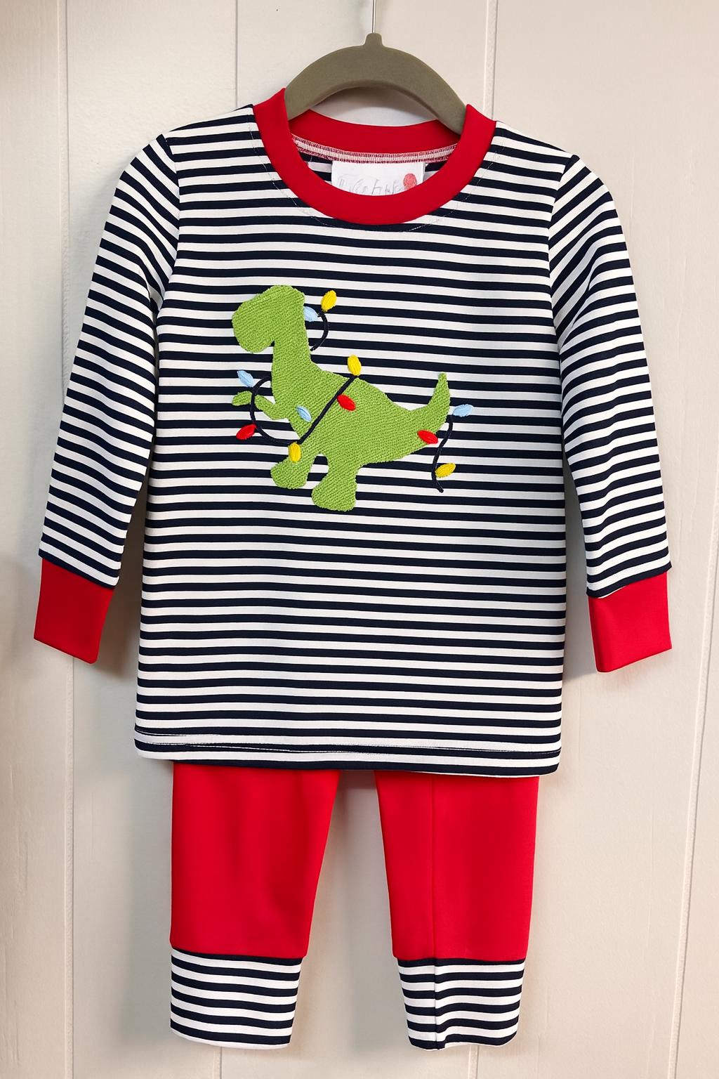 Boys Twas the Night Before T-Rex Christmas set with striped top and dinosaur wrapped in lights, Southern Belle & Beaus boutique.