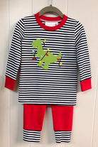 Boys Twas the Night Before T-Rex Christmas set with striped top and dinosaur wrapped in lights, Southern Belle & Beaus boutique.