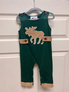 Forest green baby boy longall with tan corduroy moose appliqué and wooden buttons – Moose Tracks Longall