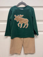 Forest green long-sleeve shirt with tan corduroy moose appliqué and matching tan corduroy pants – Moose Tracks Boys Set