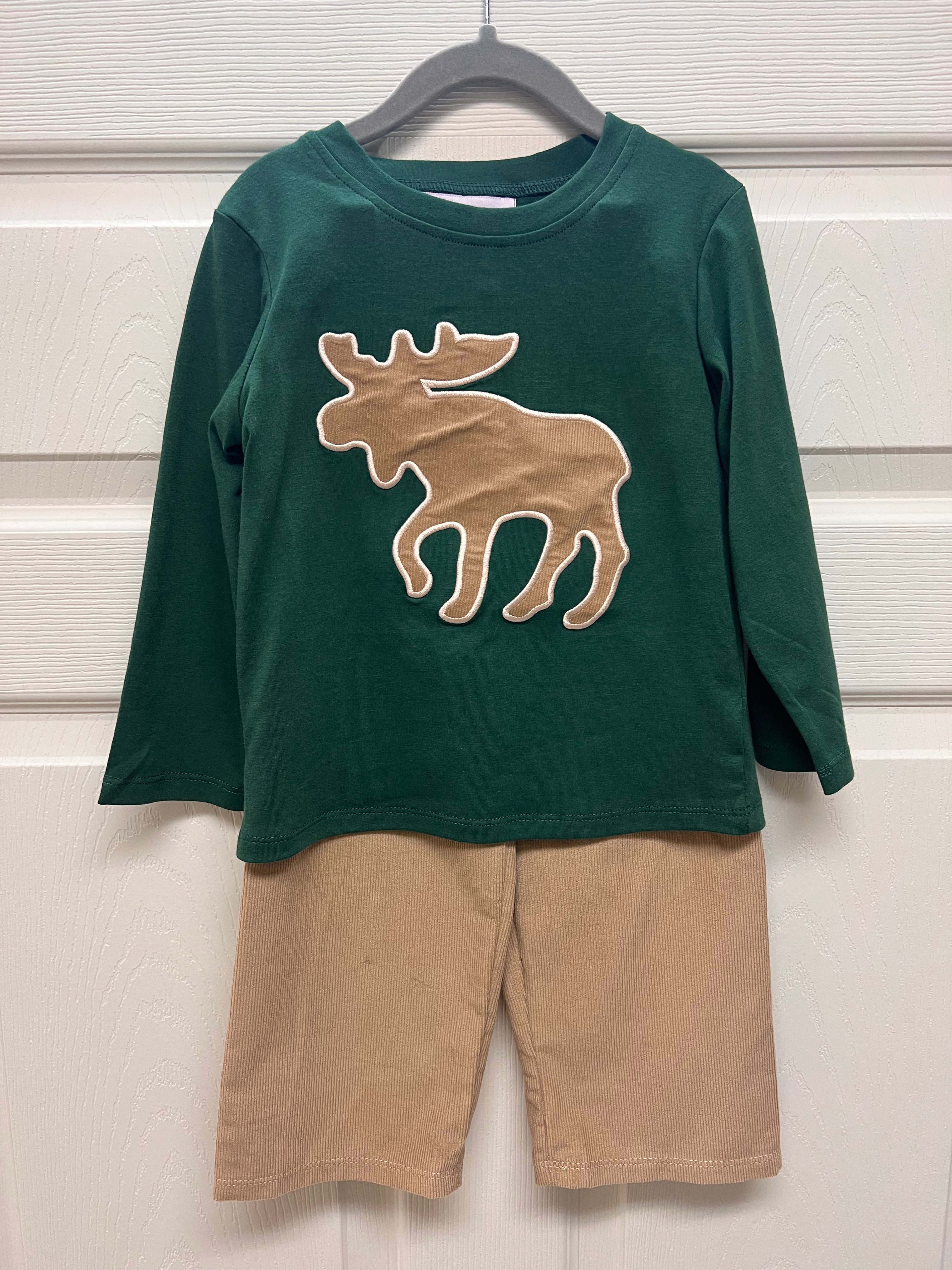 Forest green long-sleeve shirt with tan corduroy moose appliqué and matching tan corduroy pants – Moose Tracks Boys Set