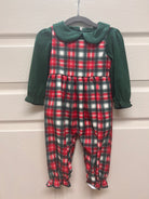 Baby girl red and green plaid romper with evergreen knit top and peter pan collar – Southern Evergreen Belles Romper