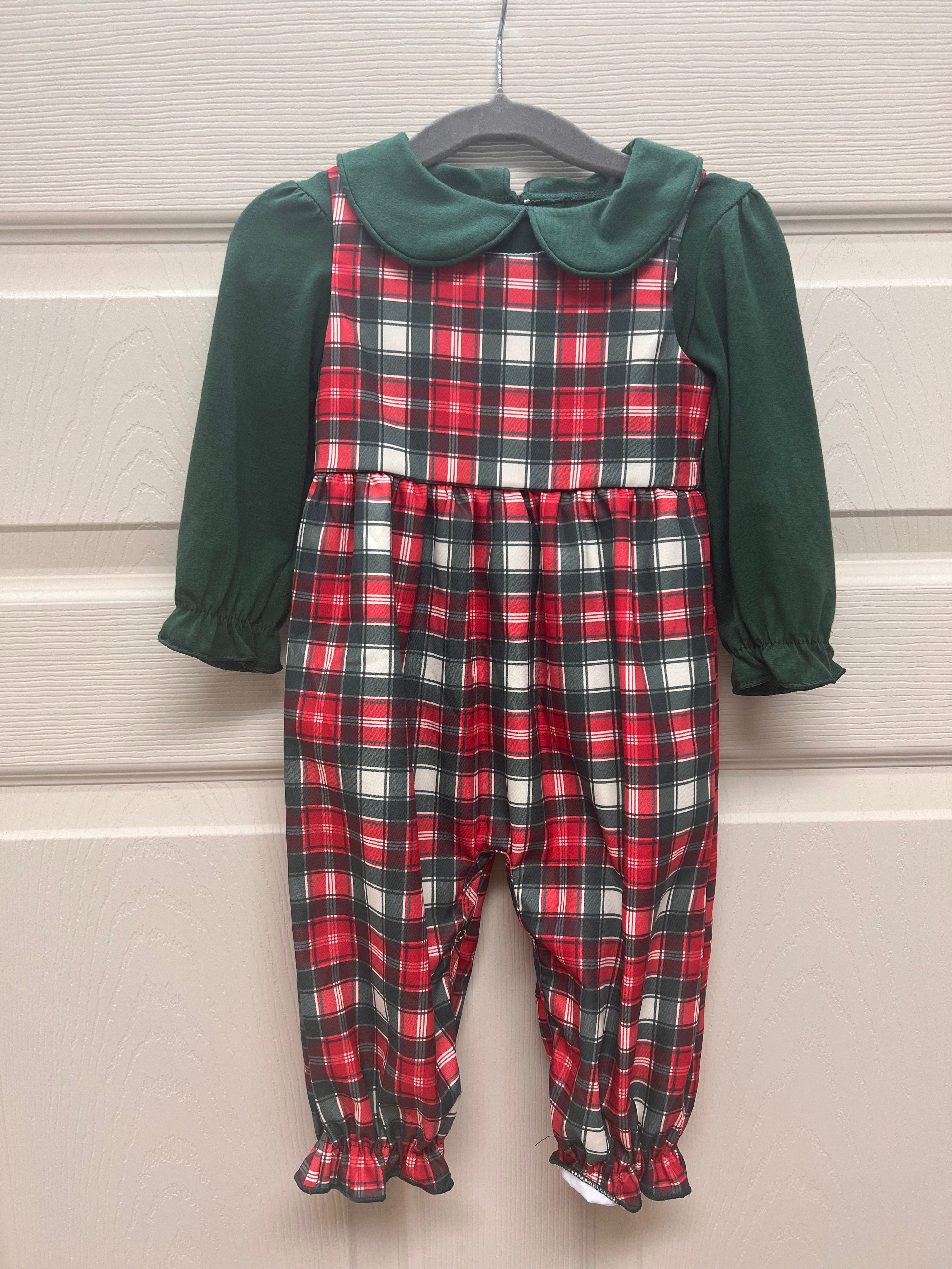 Baby girl red and green plaid romper with evergreen knit top and peter pan collar – Southern Evergreen Belles Romper
