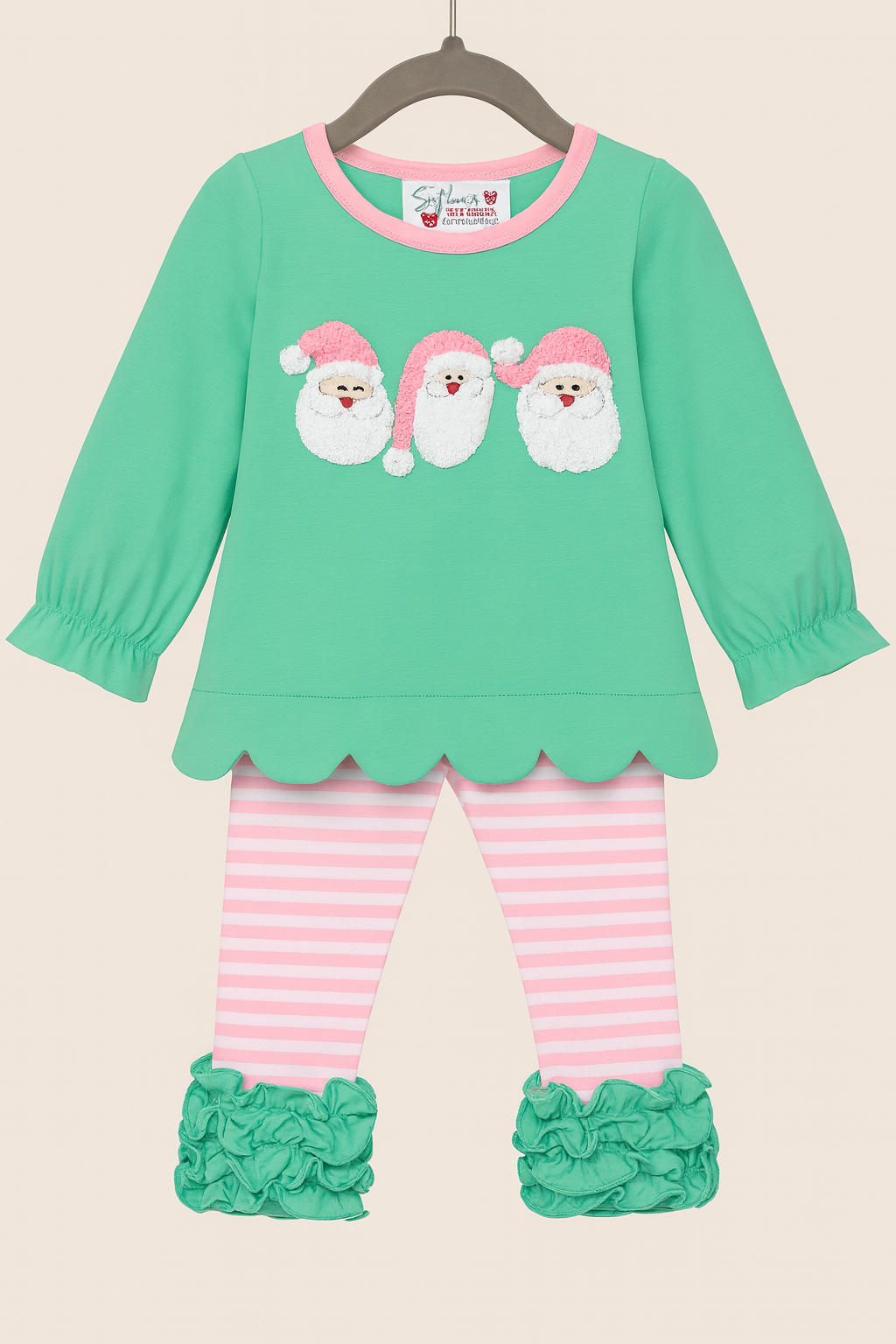 Mint green girls’ Christmas outfit with French knot Santas and pink striped ruffle pants — perfect for holiday photos and festive fun.