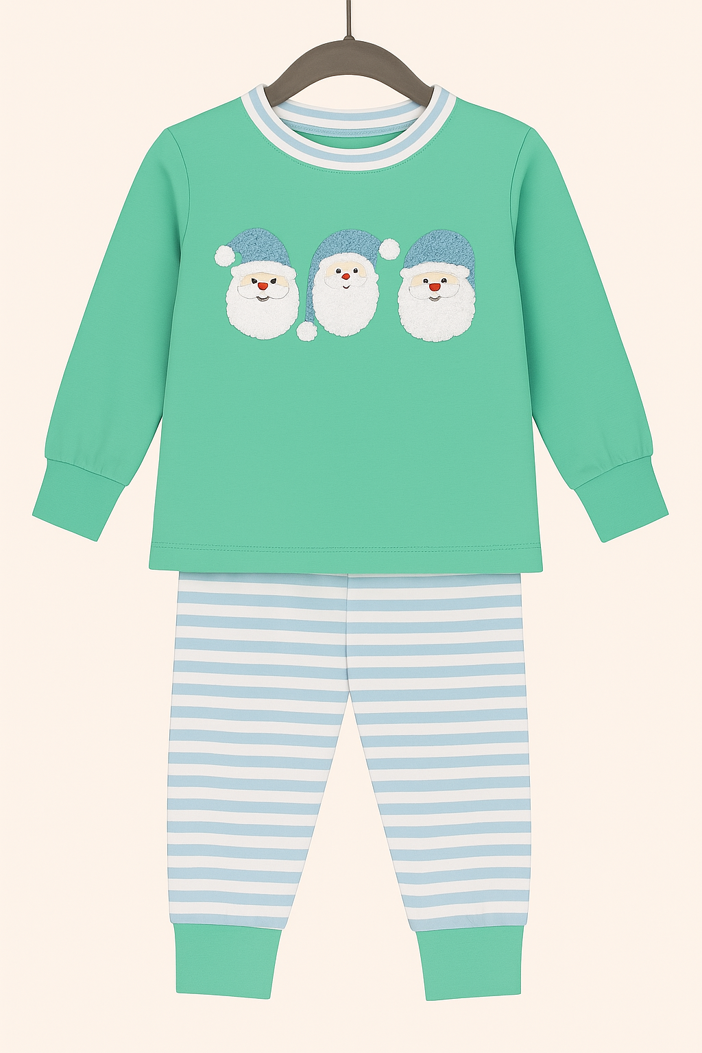 Mint green boys’ Christmas outfit with French knot Santas and blue striped cuffed pants — perfect for festive photos and cozy Christmas days.