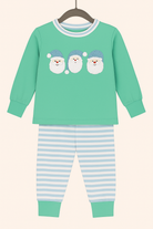 Mint green boys’ Christmas outfit with French knot Santas and blue striped cuffed pants — perfect for festive photos and cozy Christmas days.