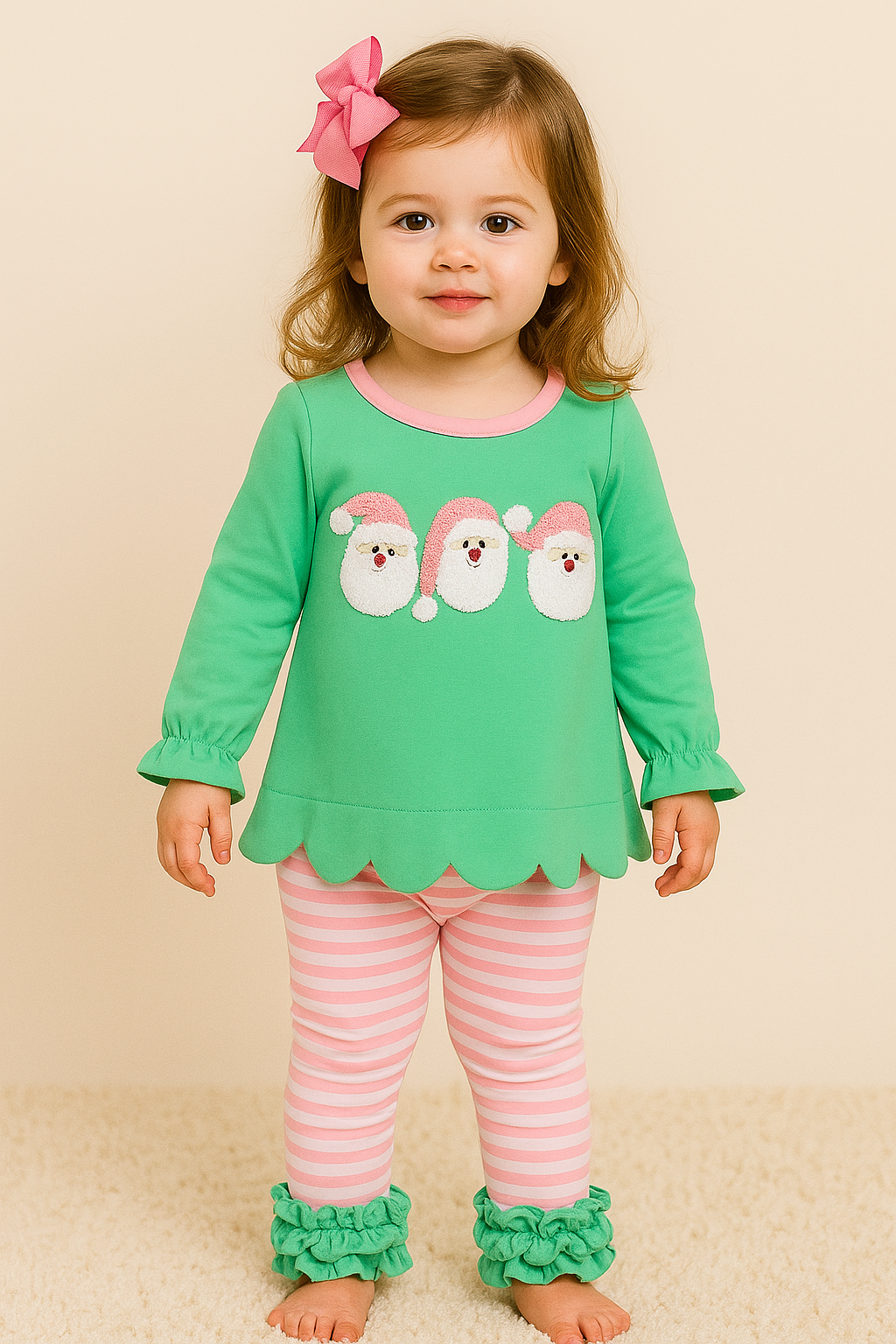 Mint green girls’ Christmas outfit with French knot Santas and pink striped ruffle pants — perfect for holiday photos and festive fun.