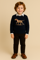Boys navy pointer dog sweater with plaid collar and matching pants, Southern holiday outfit