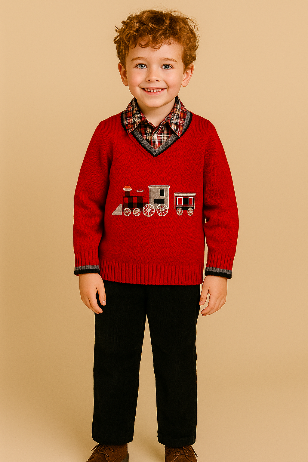 3-piece holiday set: sweater, plaid shirt, and corduroy pants.
