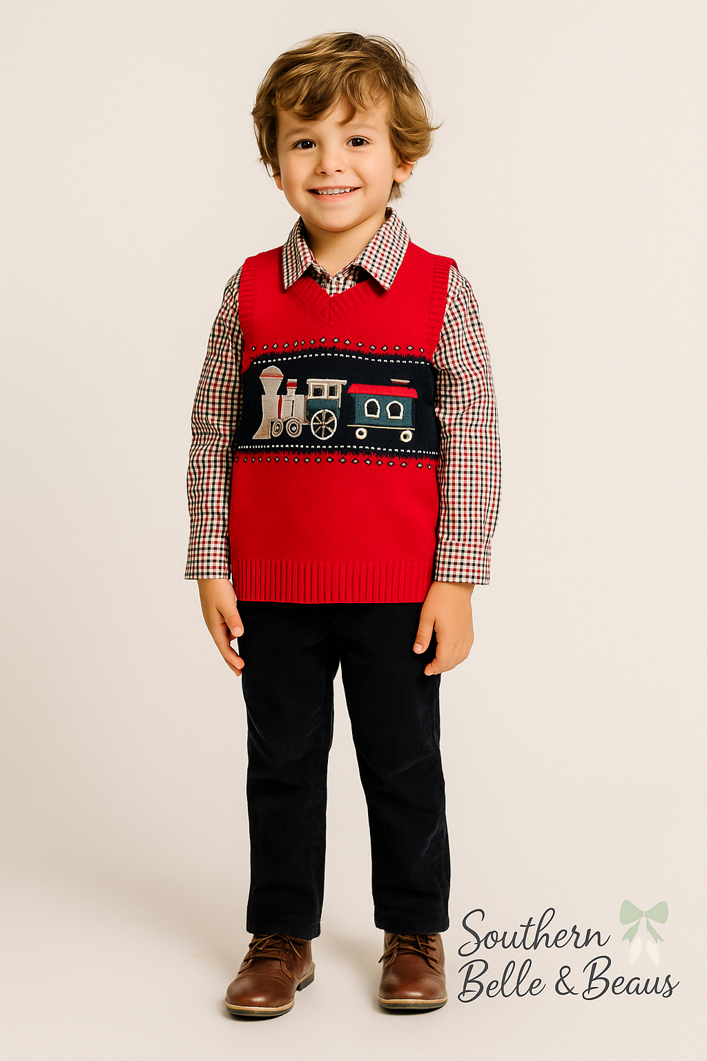 a red knit sweater vest detailed with a vintage train design, a red and navy gingham button-down shirt, and soft navy corduroy pants.