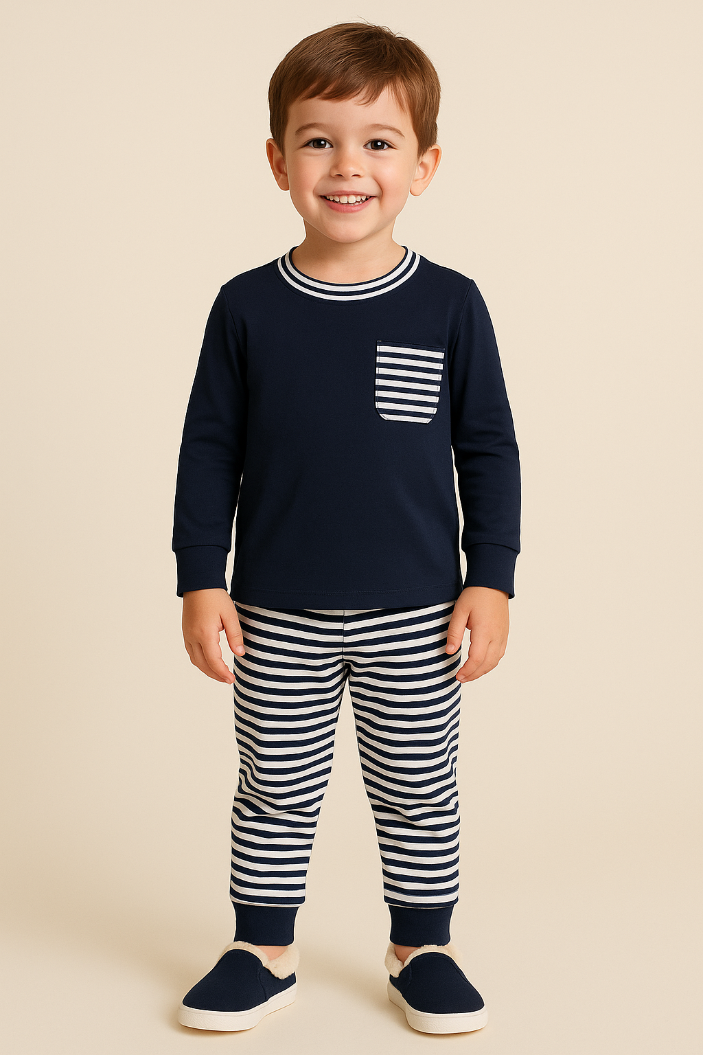 Child wearing a navy long-sleeve shirt with a striped pocket and black and white striped pants on a beige background.