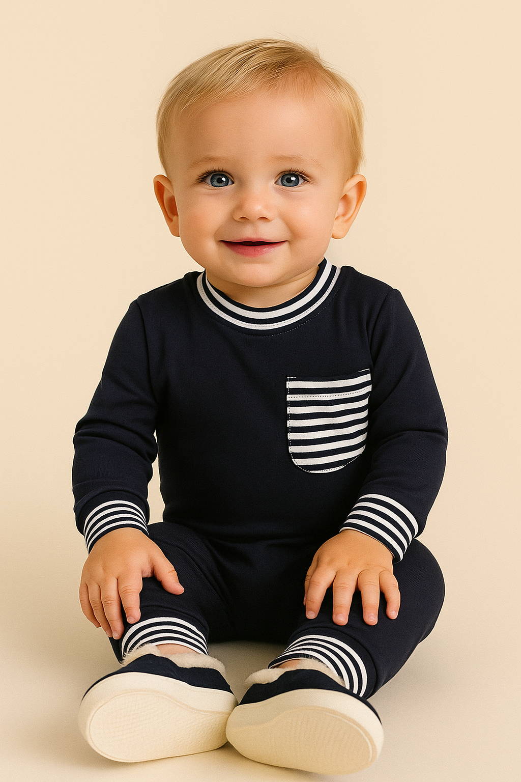Baby wearing a navy blue outfit with white stripes on a beige background