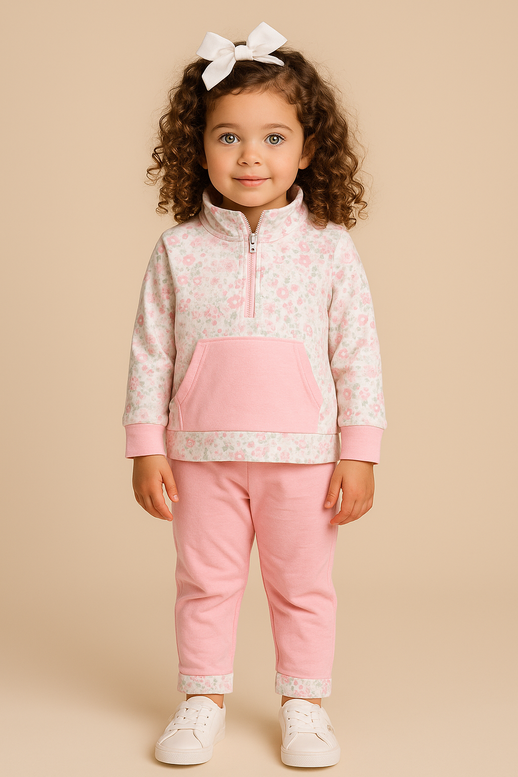Young girl wearing a pink and white outfit with a bow on her head against a beige background