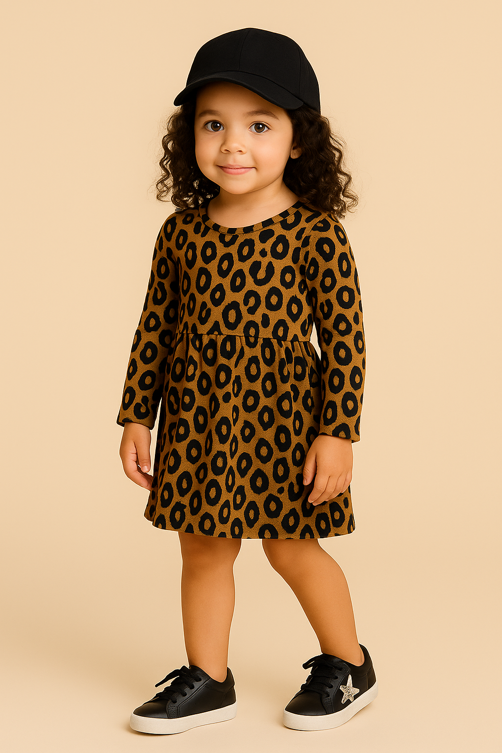 Child wearing a leopard print dress and black cap on a beige background