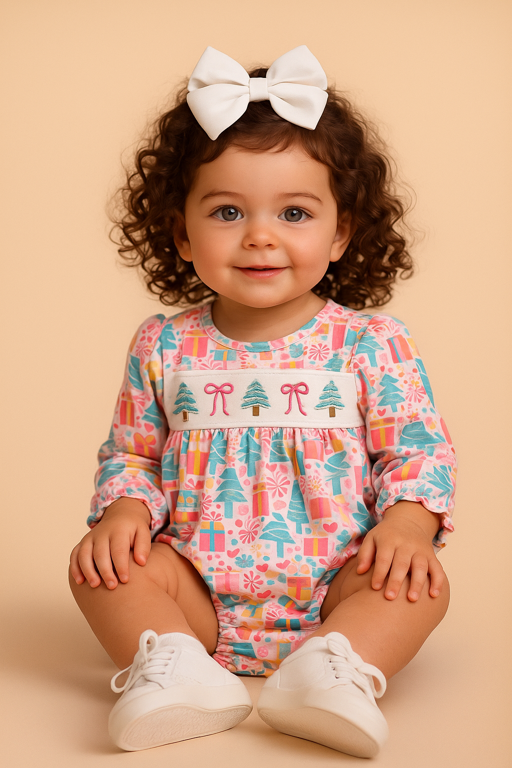 Child wearing a colorful patterned outfit with a bow on a beige background