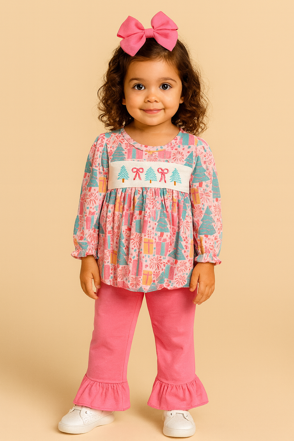 Child wearing a colorful top and pink pants with a bow on a beige background