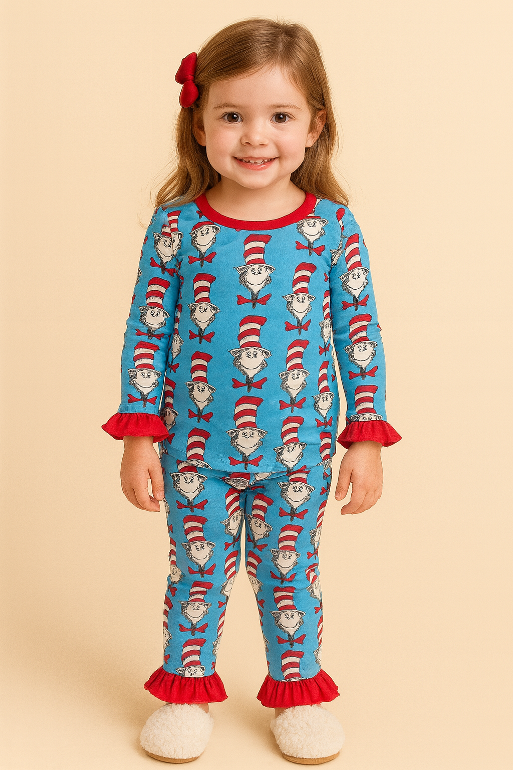 Child wearing a blue lounge set with red accents and cartoon characters on a beige background.