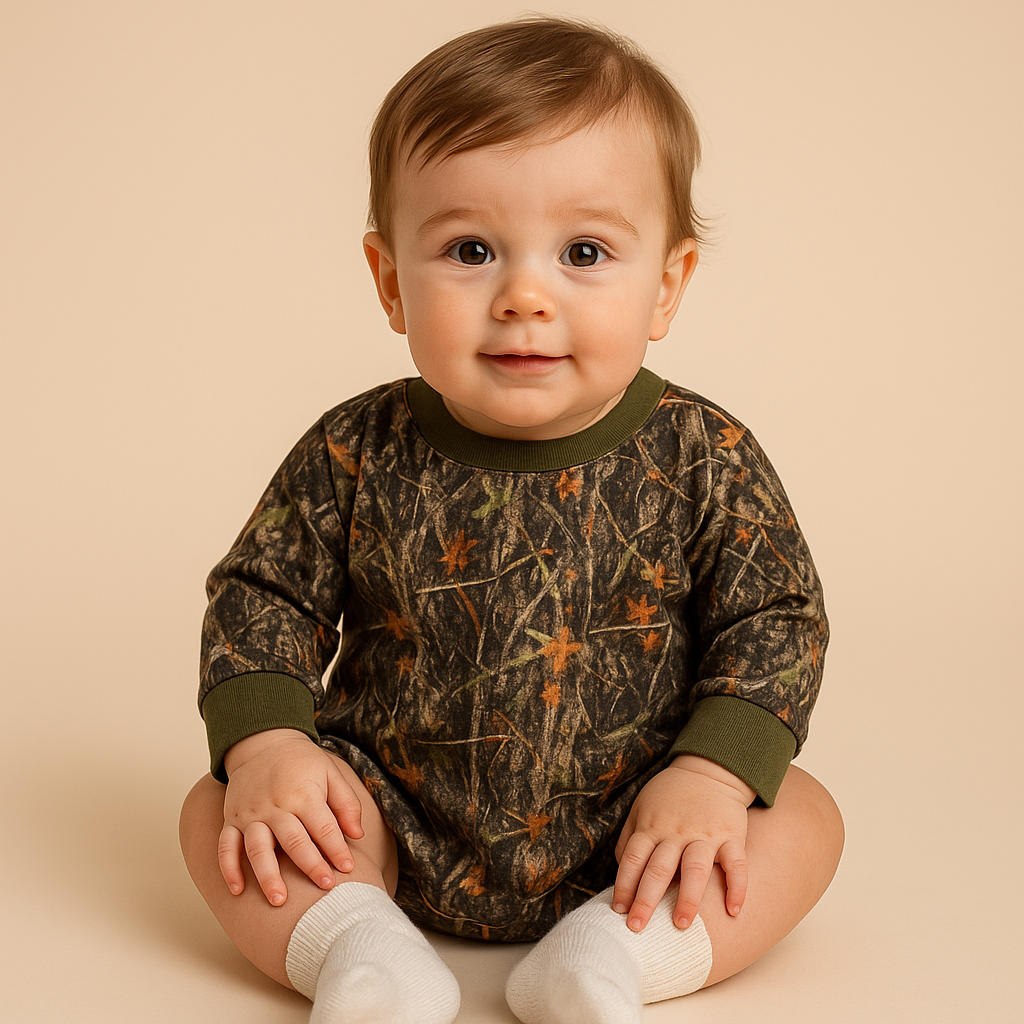 Baby wearing a camouflage outfit sitting on a beige background