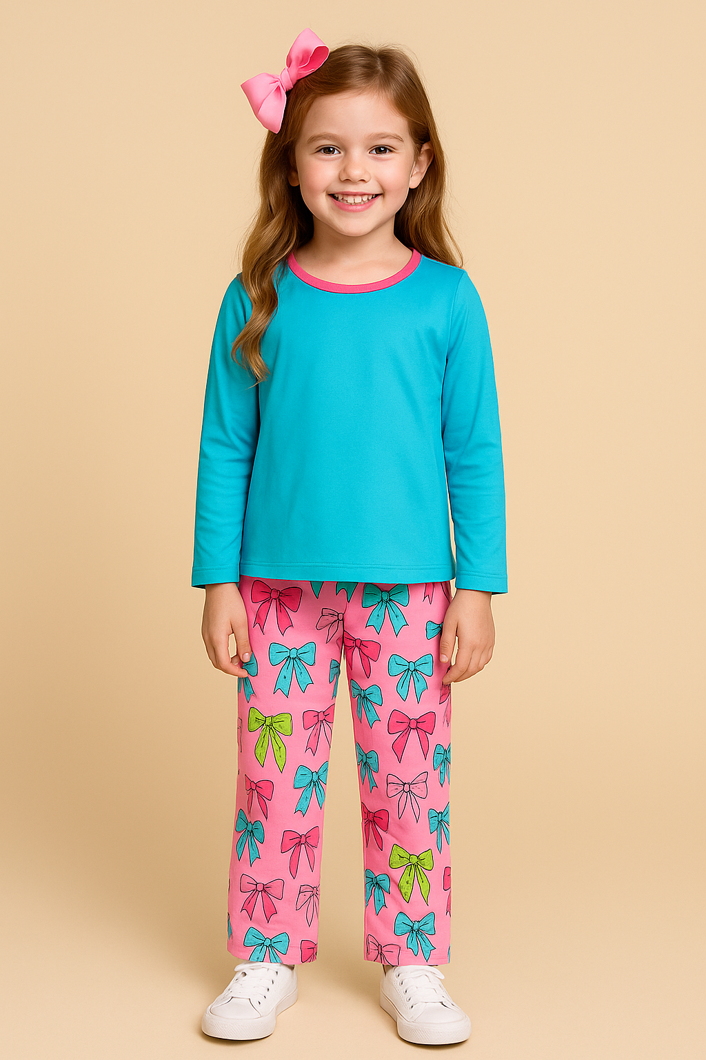 Young girl wearing a turquoise top and pink bow pants with a pink bow in her hair on a beige background
