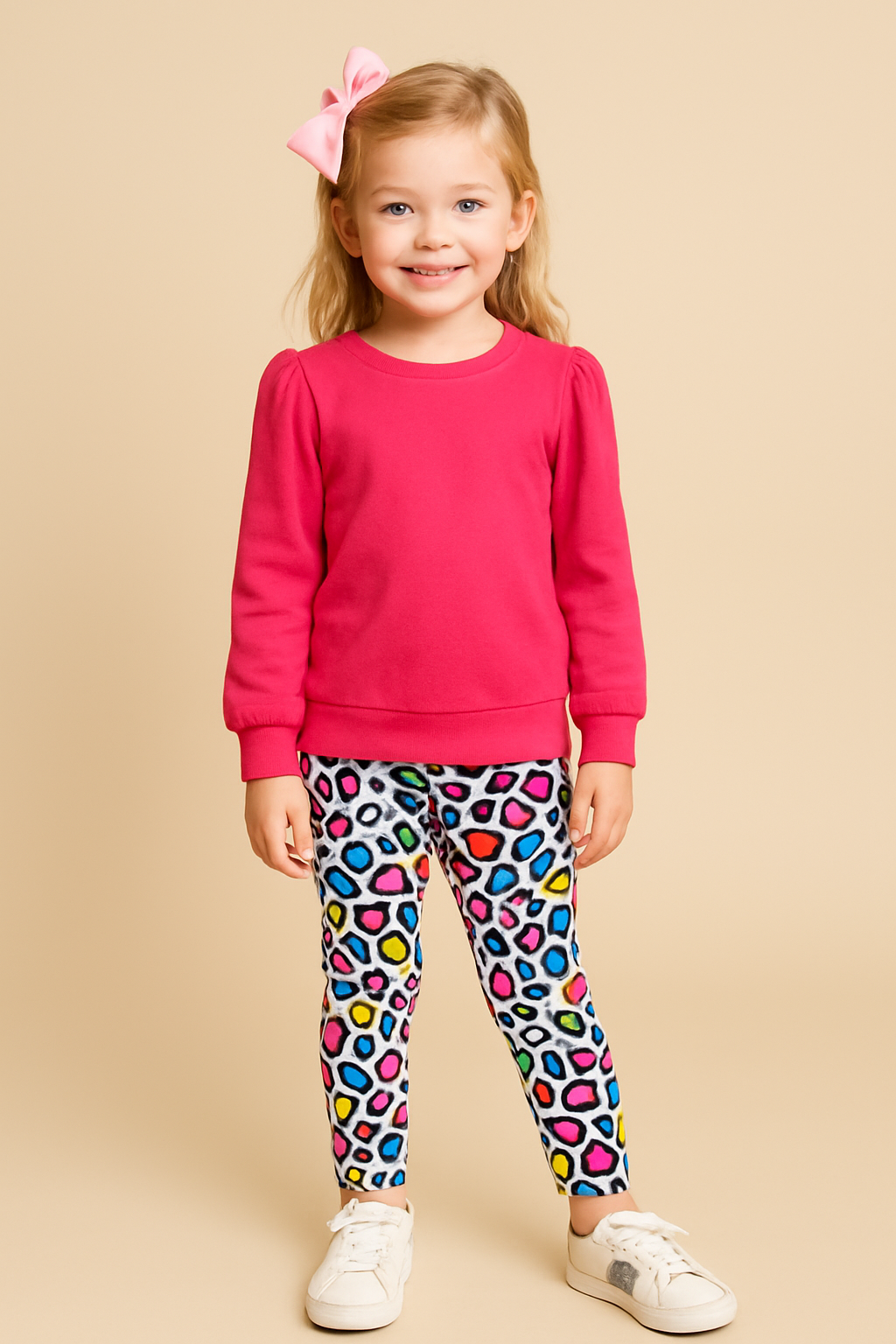 Child wearing a pink sweatshirt and colorful leopard print leggings on a beige background