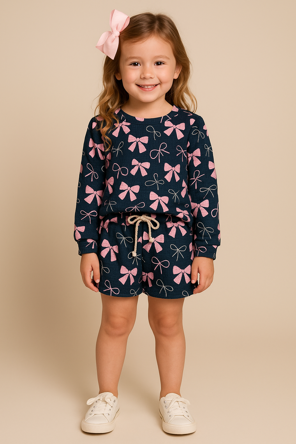 Young girl wearing a navy blue outfit with pink bows on a beige background