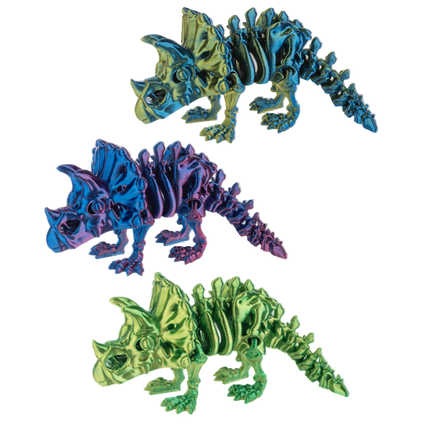 Three metallic dinosaur figurines in blue, purple, and green on a white background