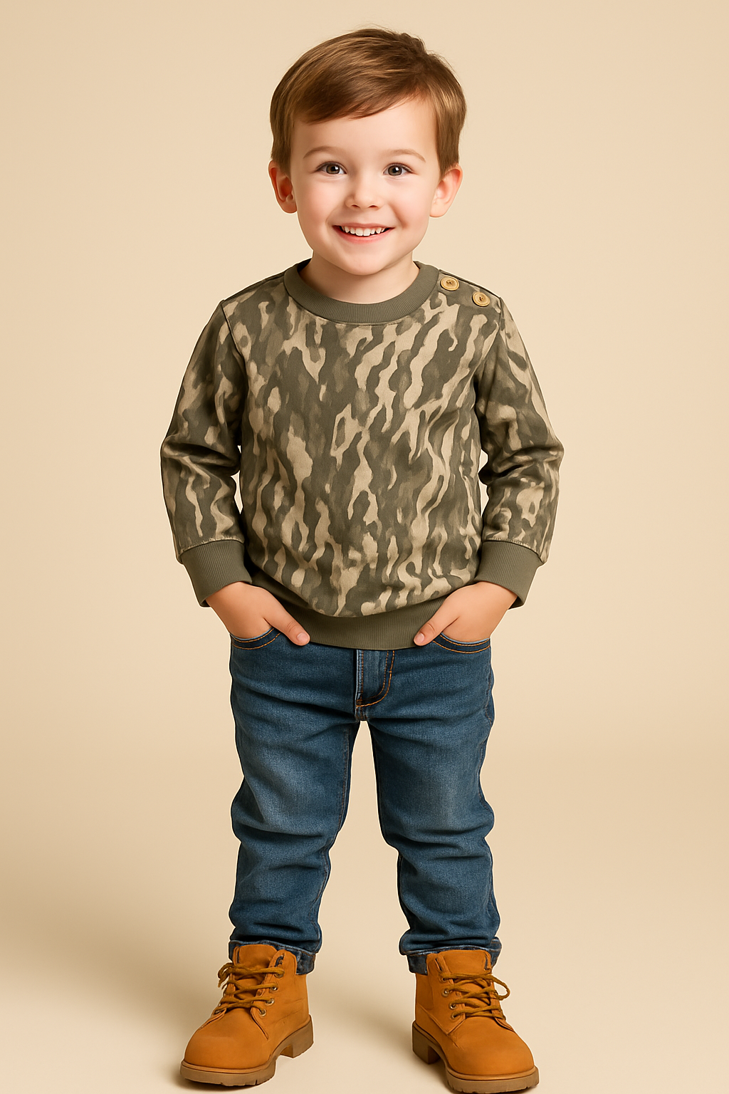 Child wearing a camouflage sweater and blue jeans with brown boots on a beige background