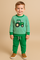 Boys green tractor striped top and comfy joggers. Perfect farm boys, play dates and picture moments