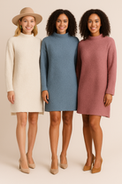 Three ladies wearing sweater dresses with a beige background. 
