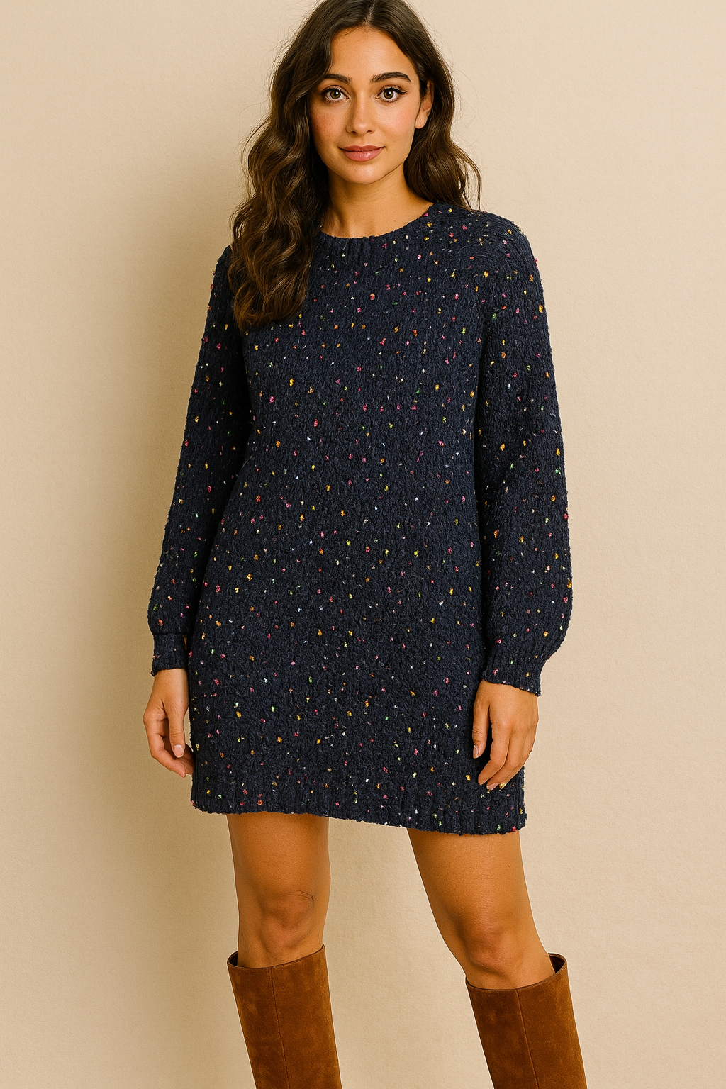 A lady wearing a knit, multi-colored sweater dress.