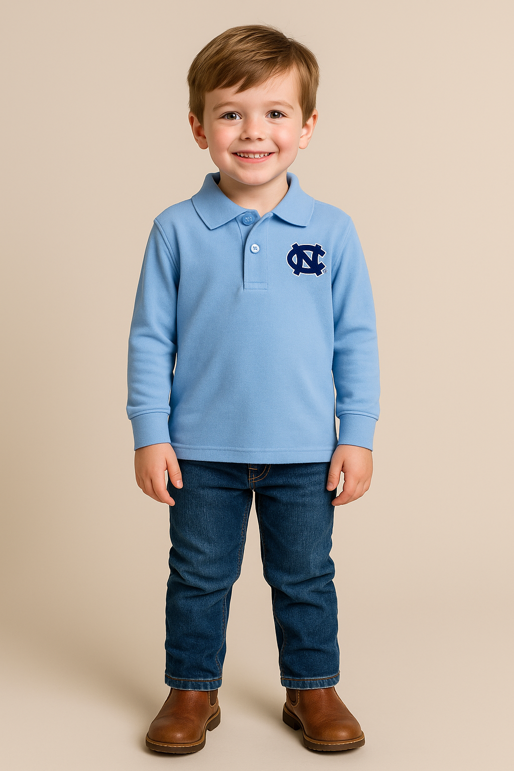 Child wearing a blue polo shirt with a logo and jeans on a beige background