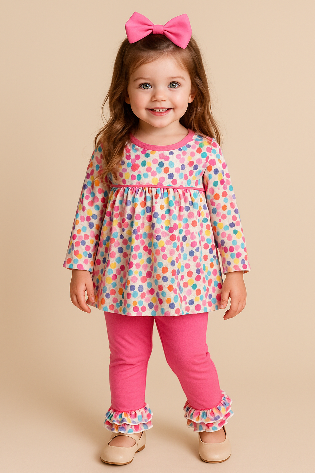 Young girl wearing a colorful polka dot top and pink pants with a bow on a beige background