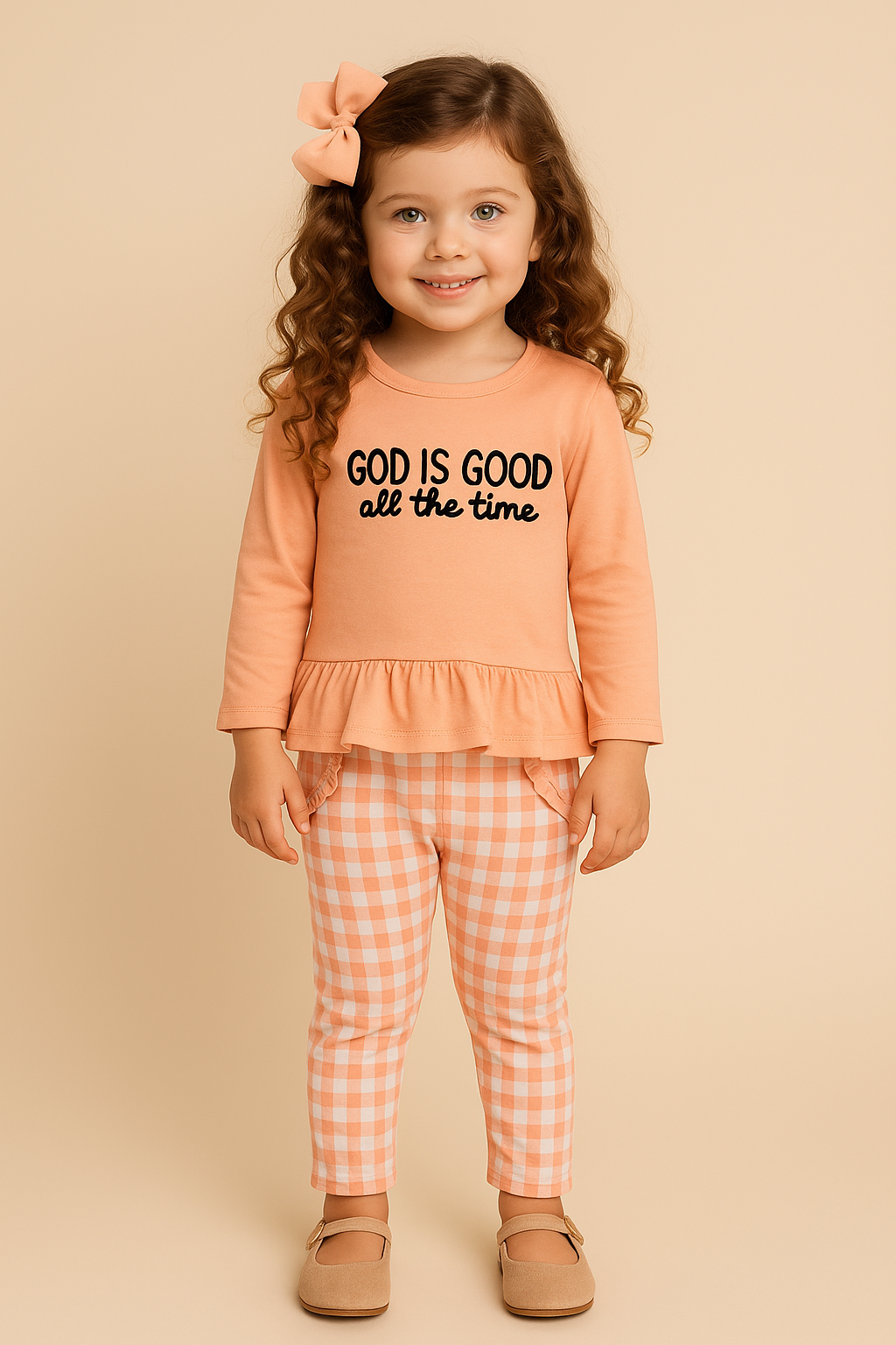 Young girl wearing a peach top with 'God is good all the time' text and checkered pants on a beige background