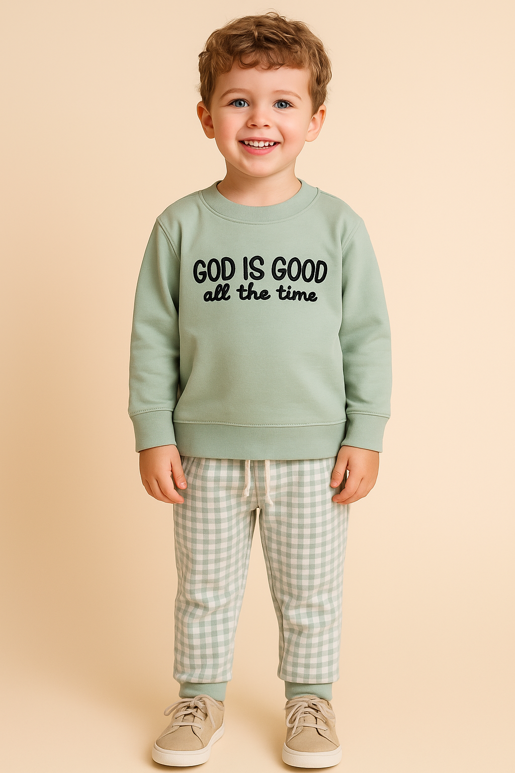 Child wearing a green sweatshirt with 'God is good all the time' text on a beige background