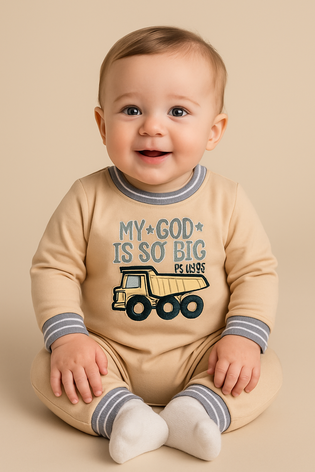 Baby wearing a beige onesie with text and a dump truck graphic on a beige background