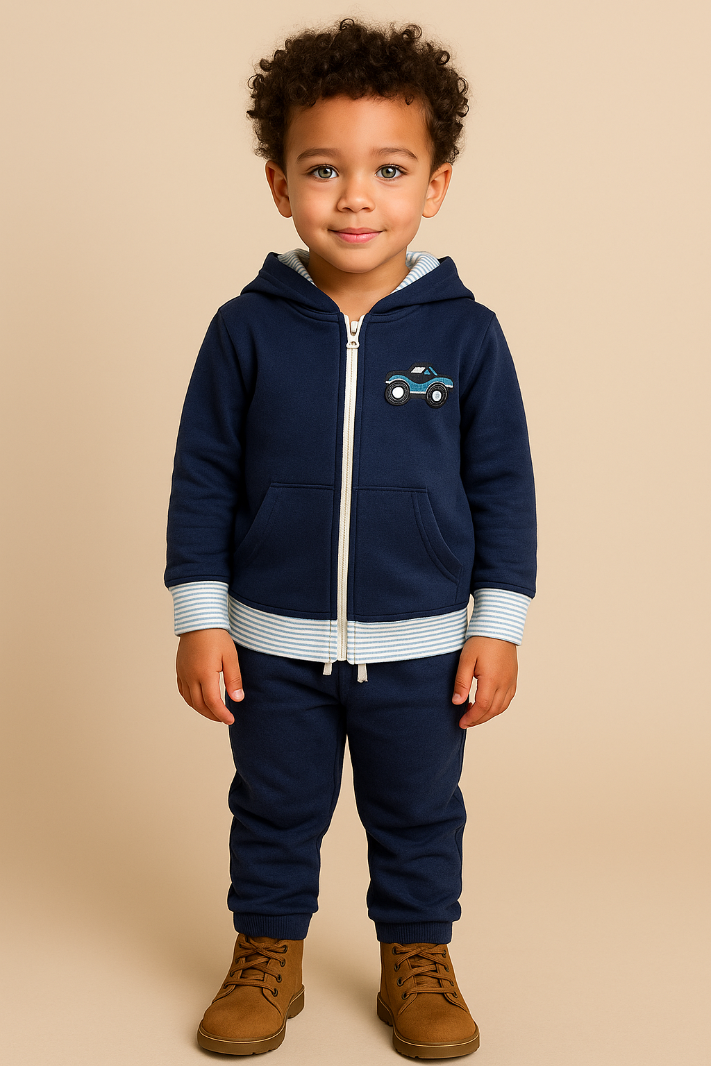 Child wearing a navy blue hoodie with a truck design and matching pants on a beige background