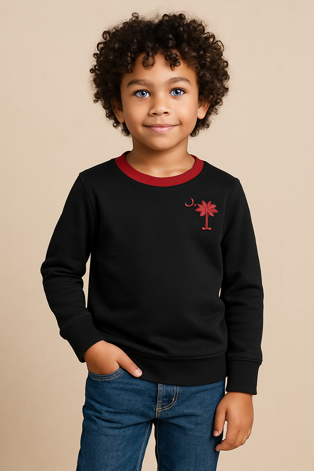 Child wearing a black sweatshirt with a red palm tree design on a beige background