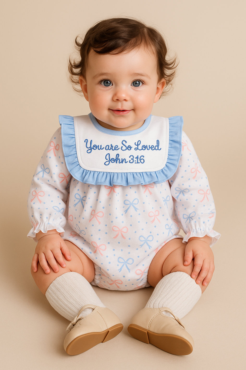 Baby wearing a bib with 'You are so loved John 3:16' text on a beige background