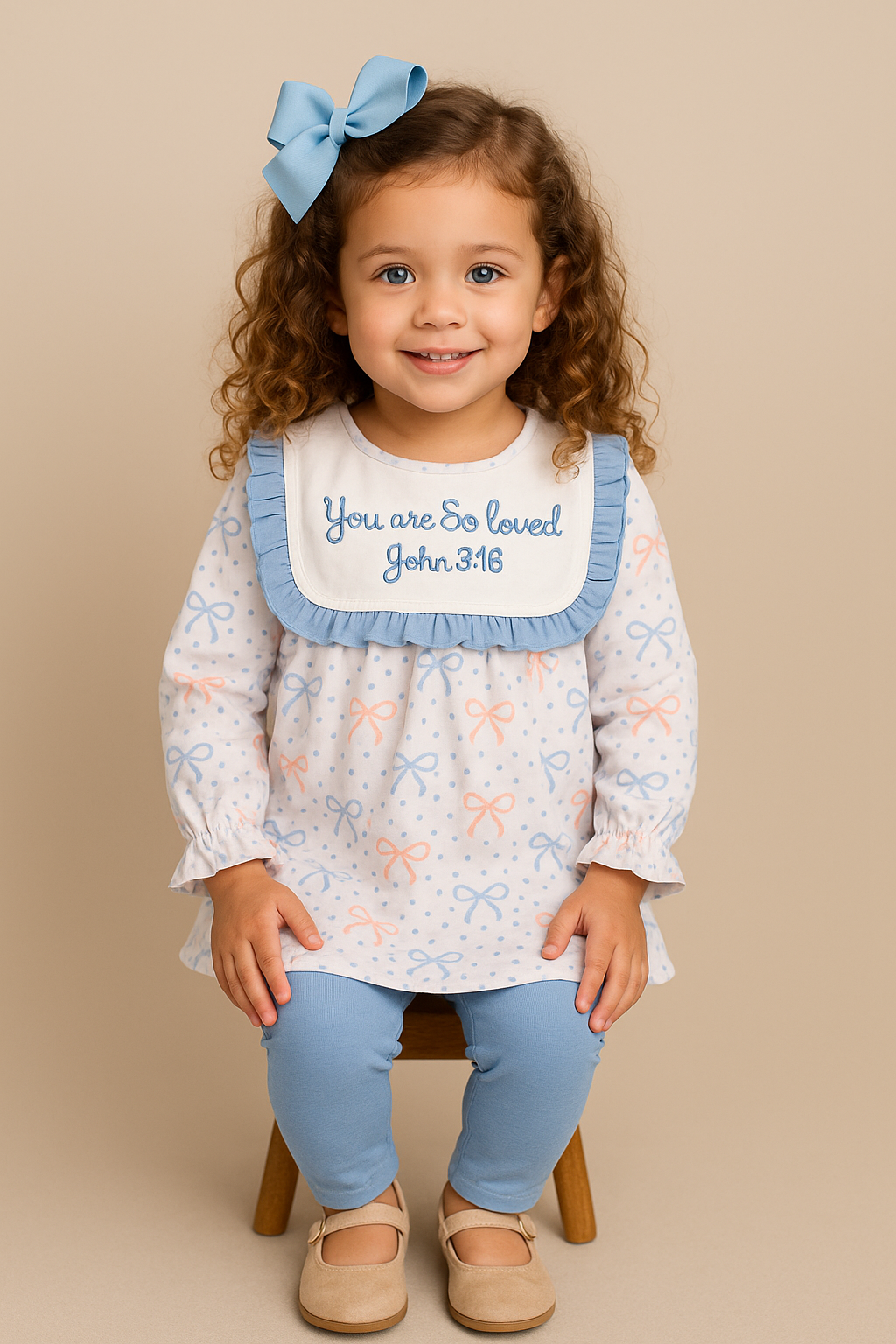 Young girl wearing a dress with butterfly pattern and blue ruffled collar, sitting on a stool against a beige background.